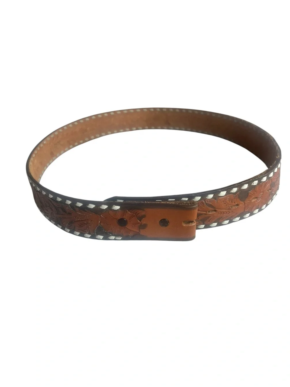 Tooled Floral Leather Belt in Brown with Silver Accents